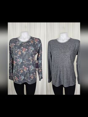Dantelle Reversible Yummy Floral / Slate Gray Long Sleeve Plush Crewneck Tee Med